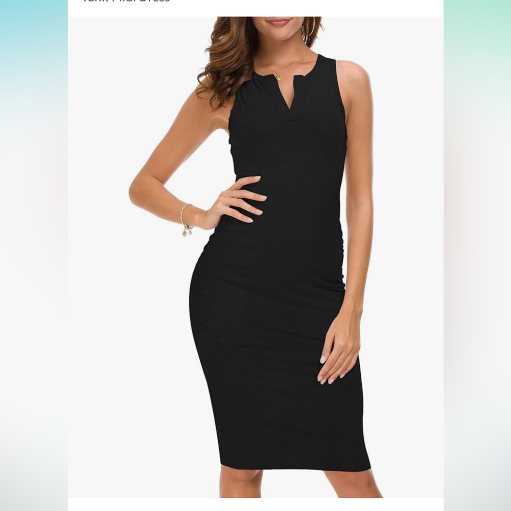 Missufe Women's Sleeveless V Neck Ruched Sundress Sheath Tank Midi Dress